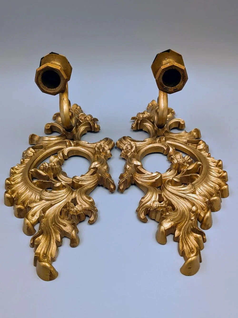 Vintage 1962 SYROCO Molded Resin Gold Tone Candleholder Wall Sconces - Set of 2
